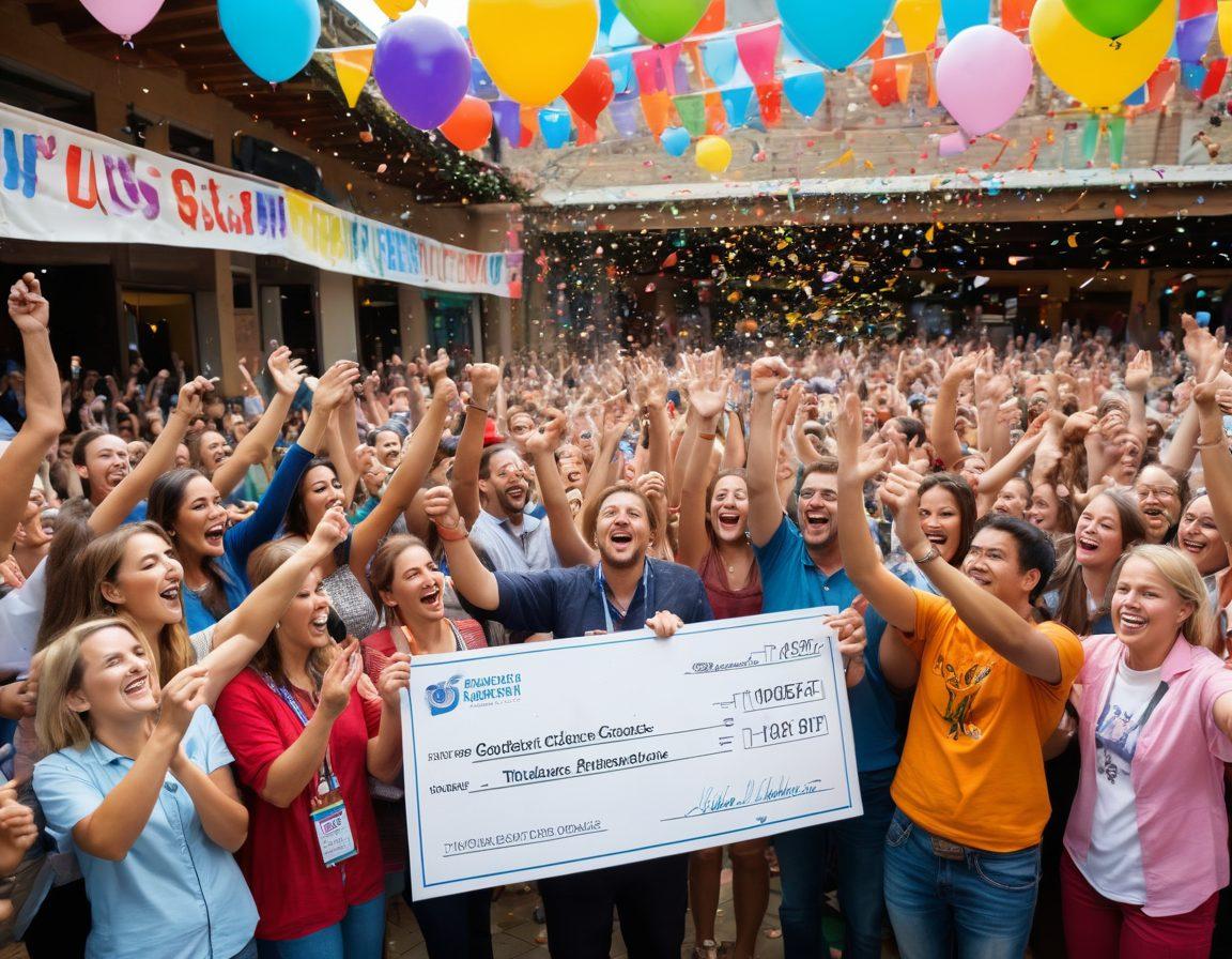 A vibrant, celebratory scene depicting people joyfully engaging in a promotional event, with colorful banners displaying cash prizes and exciting offers. Include elements like confetti falling, a giant check being presented, and excited participants holding their winnings. The atmosphere should convey a sense of fun, excitement, and opportunity. super-realistic. vibrant colors. 3D.