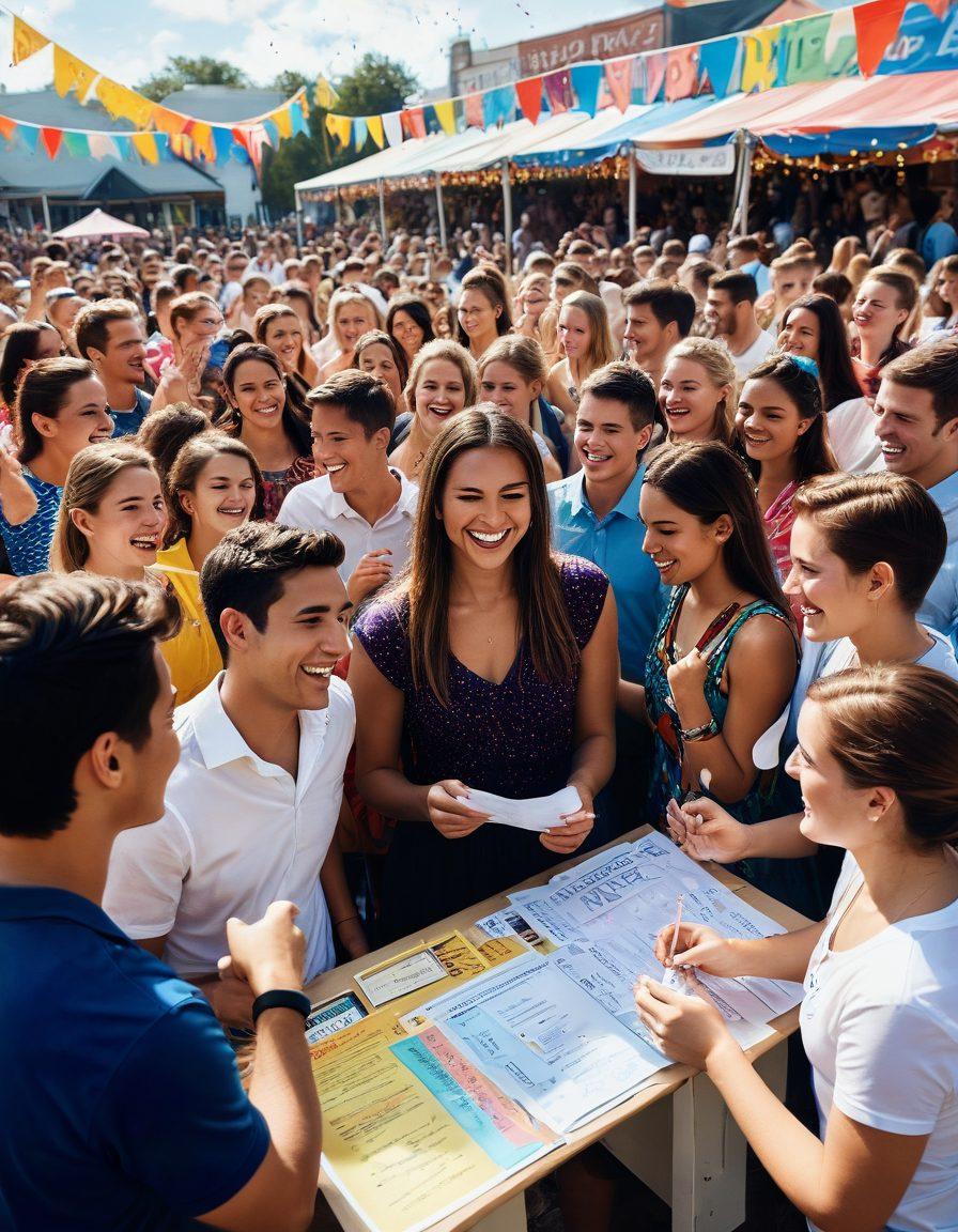 A dynamic scene showcasing a diverse group of people excitedly filling out entry forms at a vibrant competition fair. In the background, a colorful winners circle adorned with trophies and confetti, highlighting the thrill of competition. Elements like a variety of freebies, banners, and prizes being awarded create an engaging atmosphere. Capture their expressions of joy and anticipation, blending in elements of competition and community spirit. super-realistic. vibrant colors. 3D.
